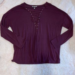 Burgundy Long-Sleeve Lace-Up Front Top - Large - EXPRESS